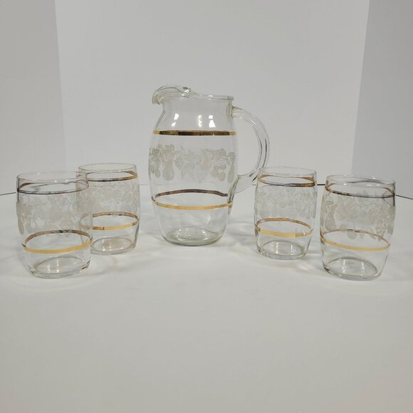 Bartlett Collins Other - Vintage Juice Set Bartlett Collins Glass Pitcher 4 Glasses Golden Fruit Pattern